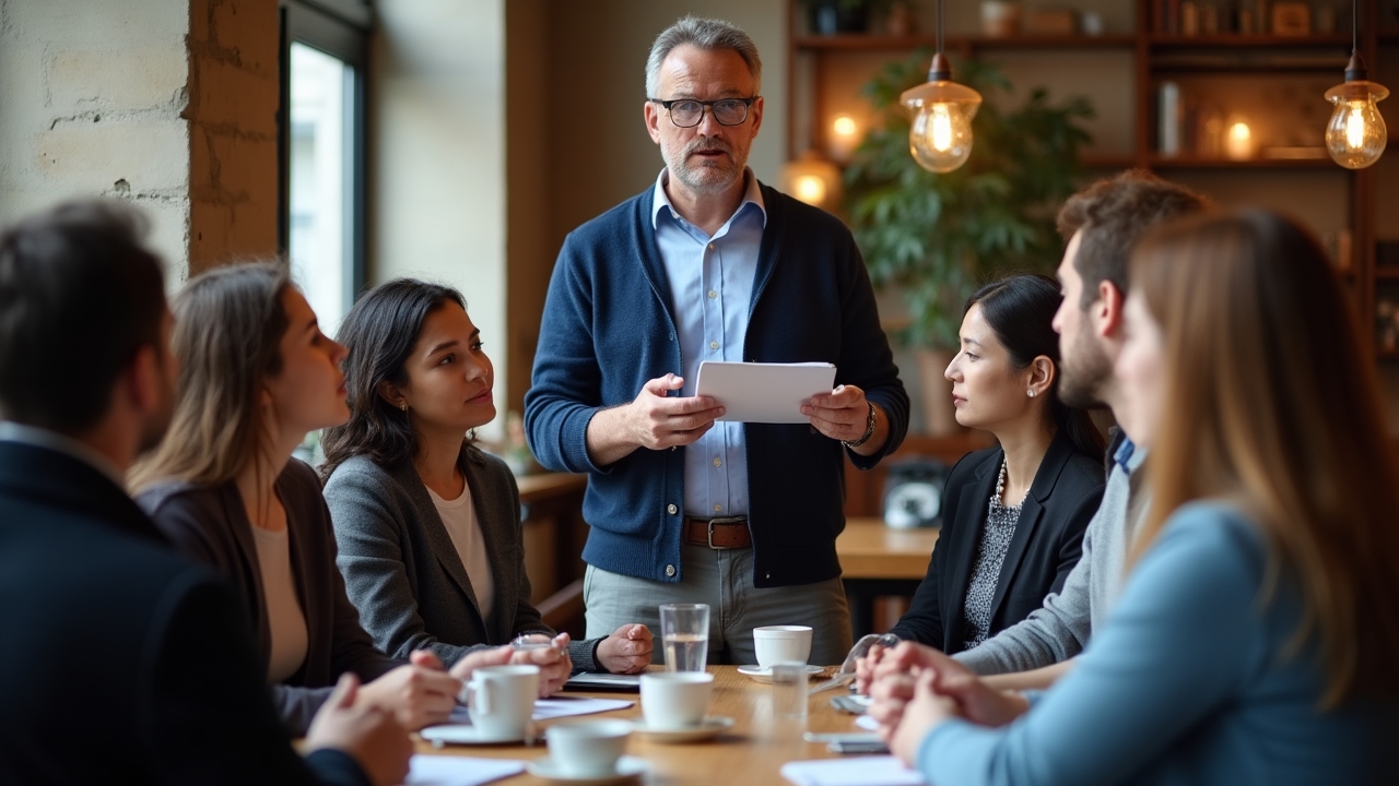 Diverse group of freelancers collaborating in an Edinburgh café